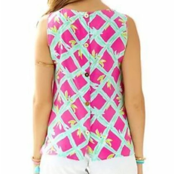 Lilly Pulitzer lona Sleeveless Silk Top Button Back Shirt Pink Green Crewneck S - Picture 2 of 13